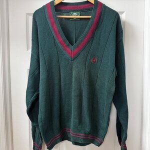 Vintage Jantzen V-neck cricket sweater green knit with red stripe size Large